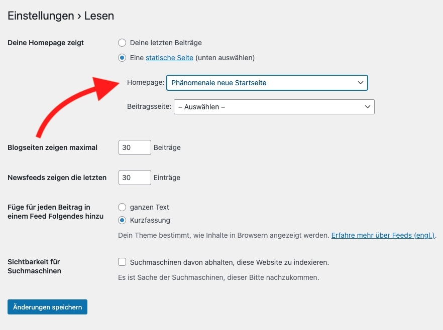 Startseite ändern WordPress in den Einstellungen