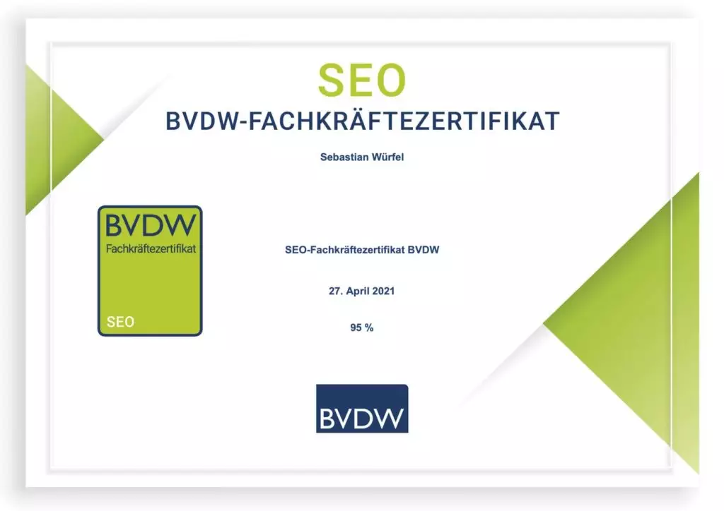 SEO-Fachkräftezertifikat BVDW Sebastian Würfel