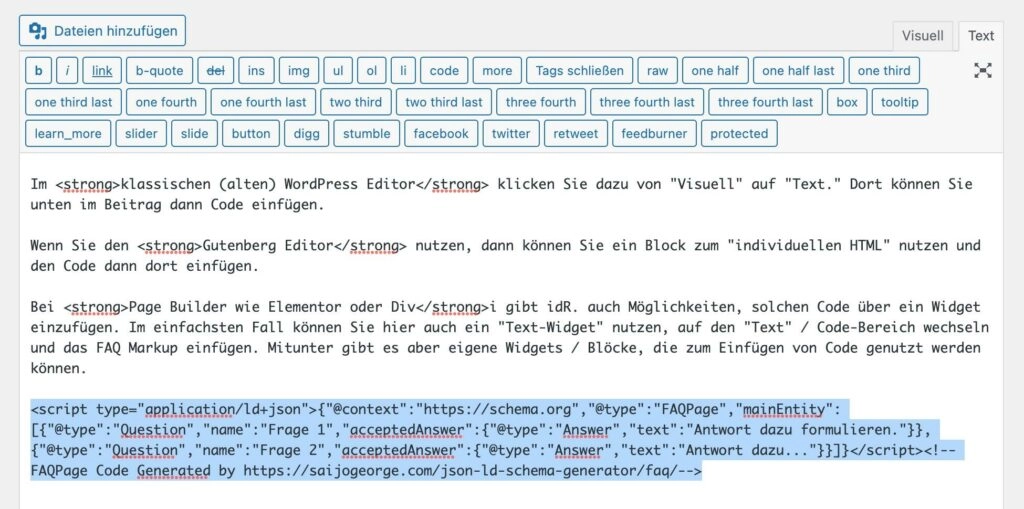 FAQ Markup bei WordPress einfügen klassischer Editor