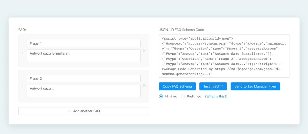 Screenshot vom FAQ JSON-LD Schema Generator (22.11.2022)