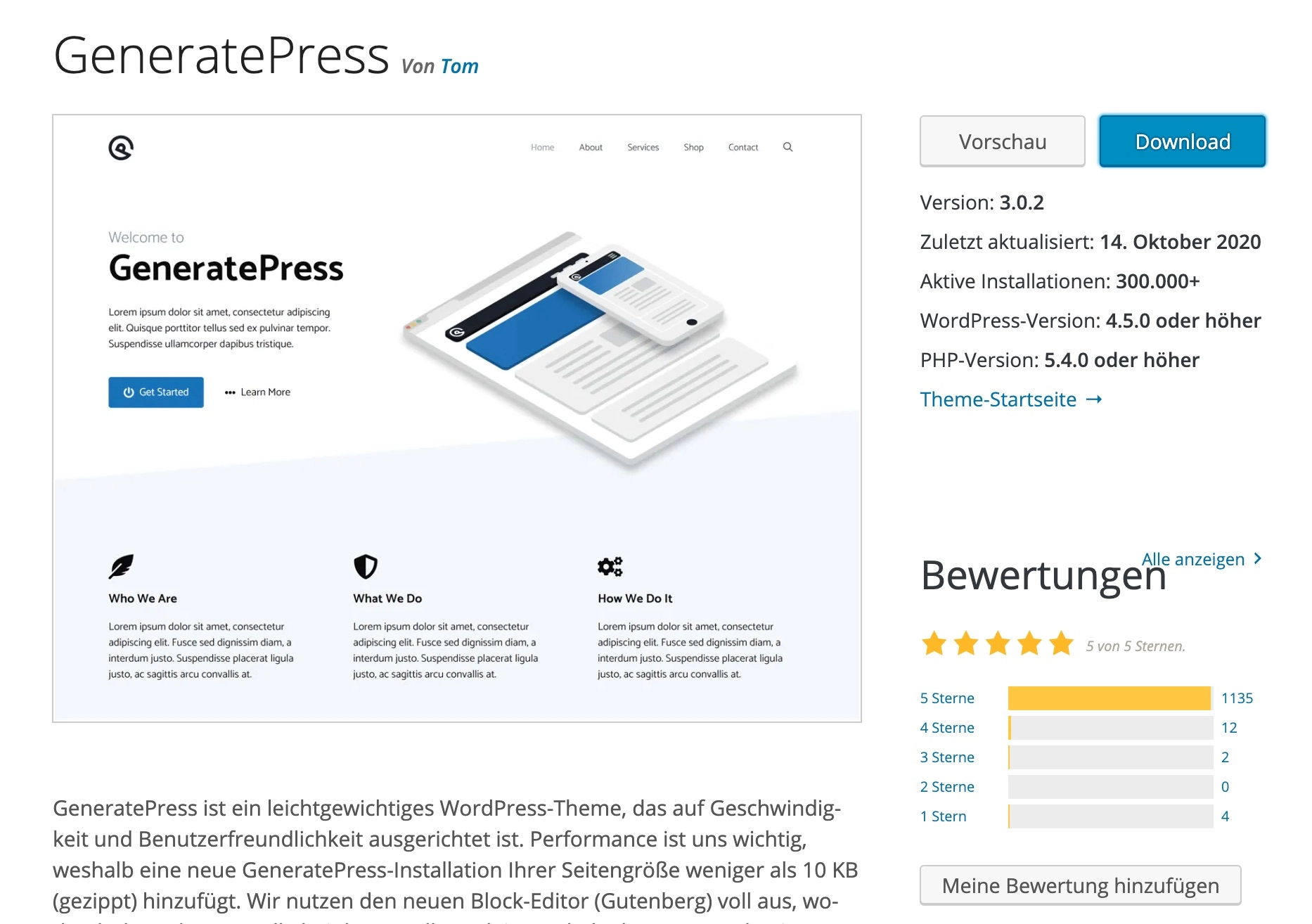 Das Theme GeneratePress bei WordPress.org