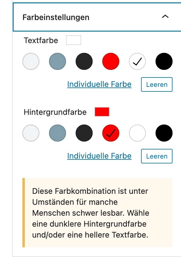 Lesbarkeitshinweis seitens WordPress zu deiner Farbkombination